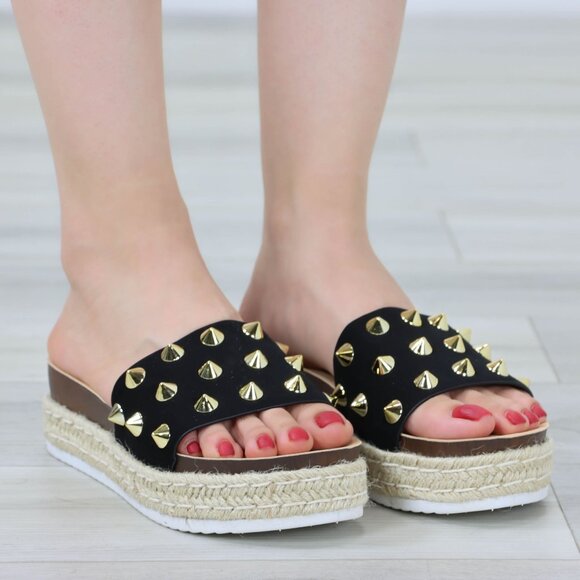 Black Platform Espadrille Sandals Nubuck Gold Metal Stud Sliders - Picture 2 of 11